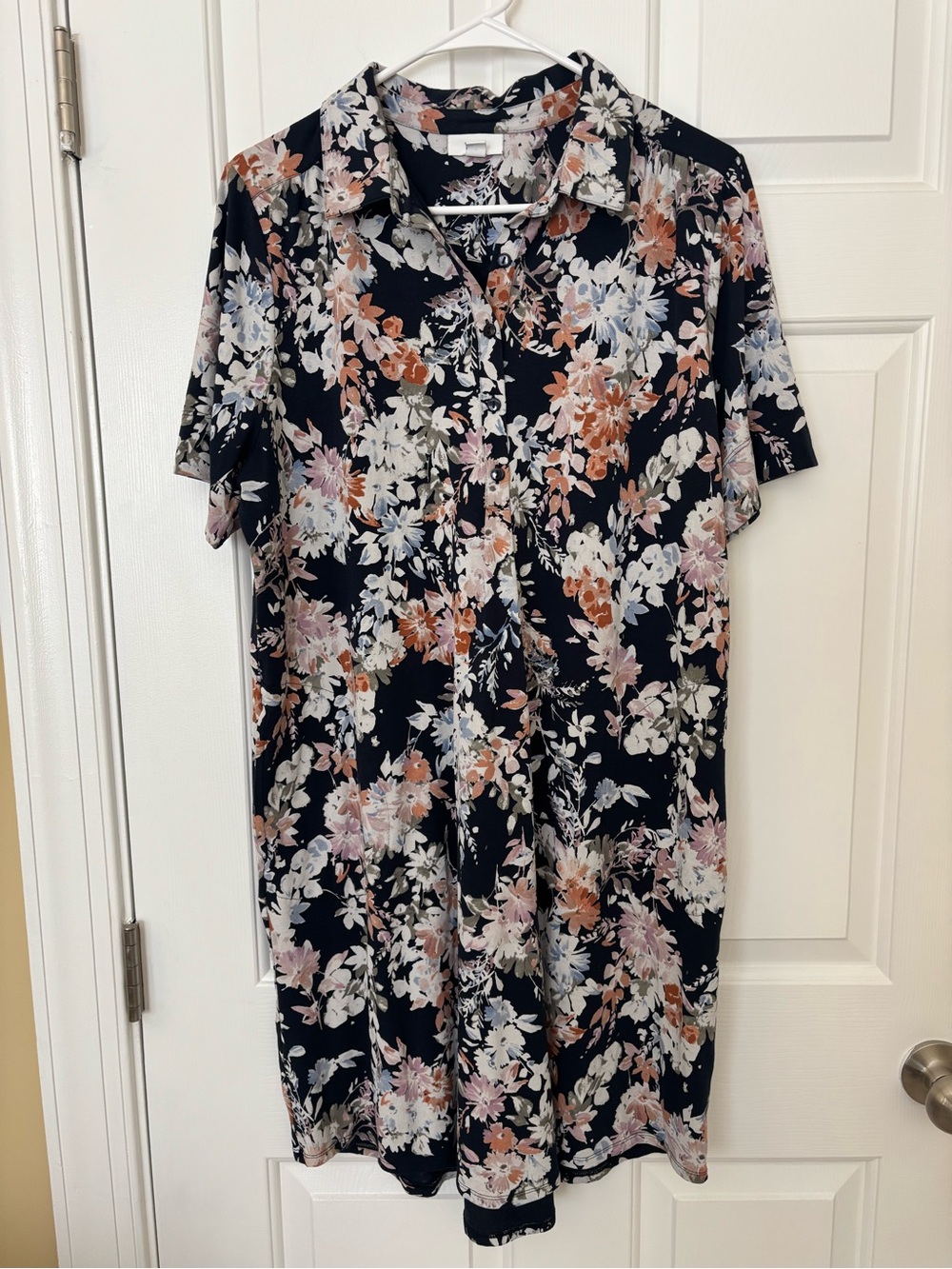 J. Jill Navy Floral Short-Sleeve Shirt Dress Large